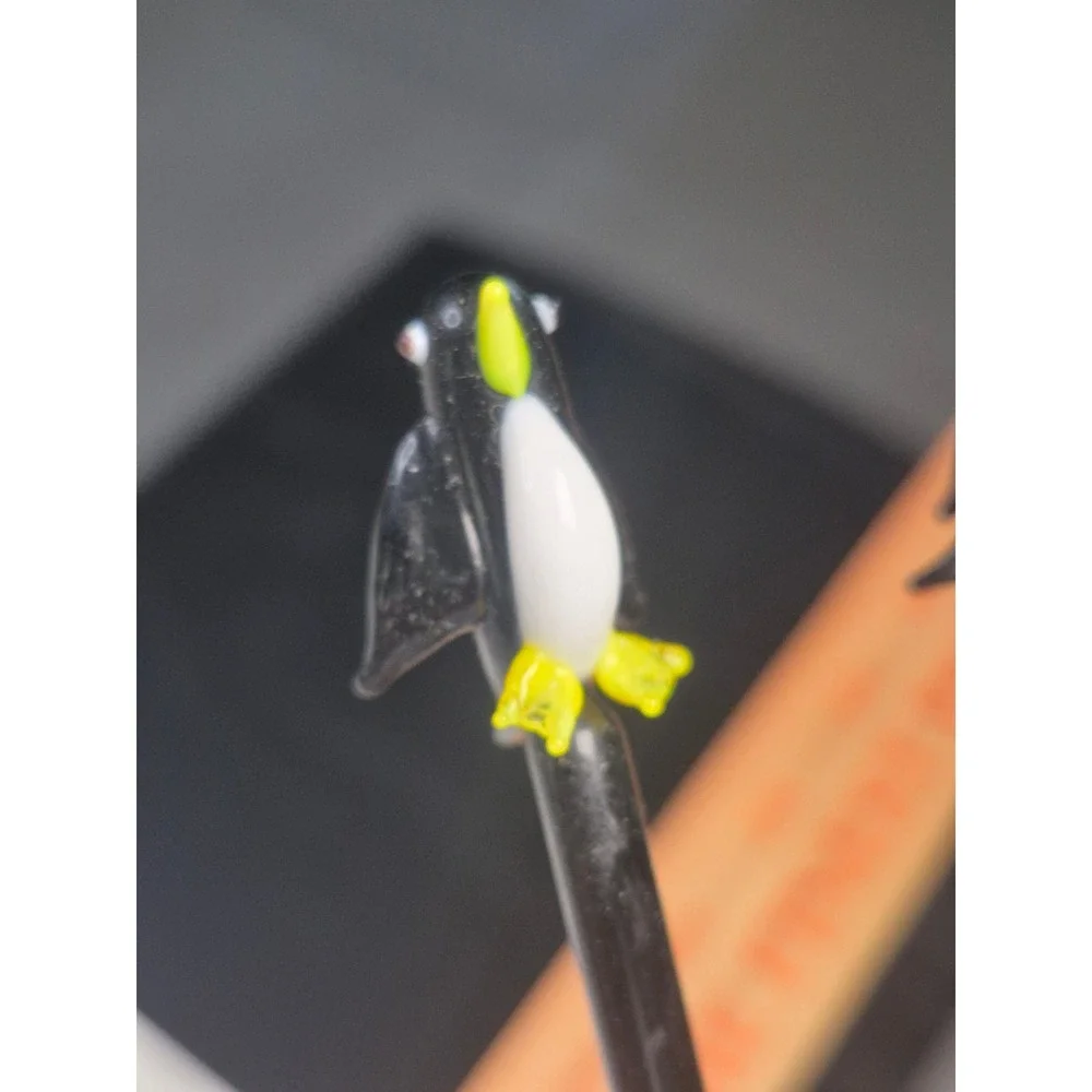 Vintage Handblown Glass Penguin Swizzle Sticks Set of 2 Cocktail Stir